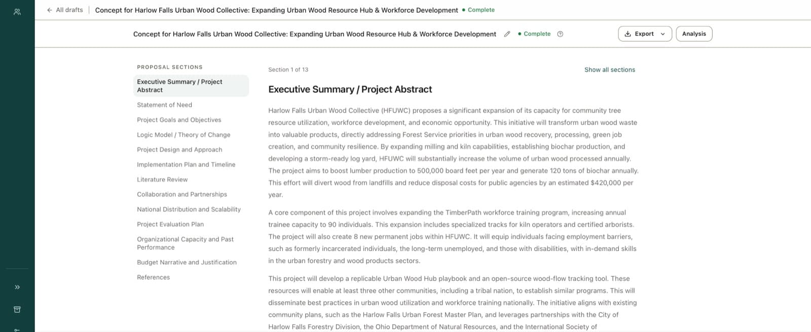A finished SoliContraX draft for a sample urban wood collective: thirteen proposal sections listed on the left, from the executive summary to the budget narrative, with the executive summary open