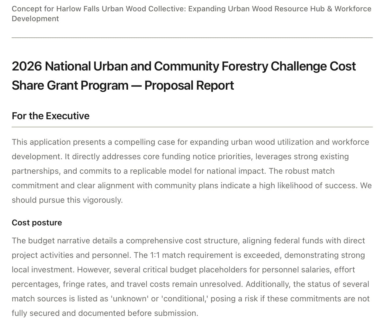 SoliContraX quality report for a sample urban forestry proposal: a summary for the executive and a cost posture section listing unresolved budget placeholders and match sources to confirm